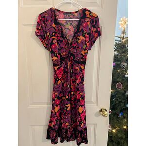 Apt 9 L Abstract Floral Midi Dress Babydoll V Neck Y2K Bold Vibrant Purple